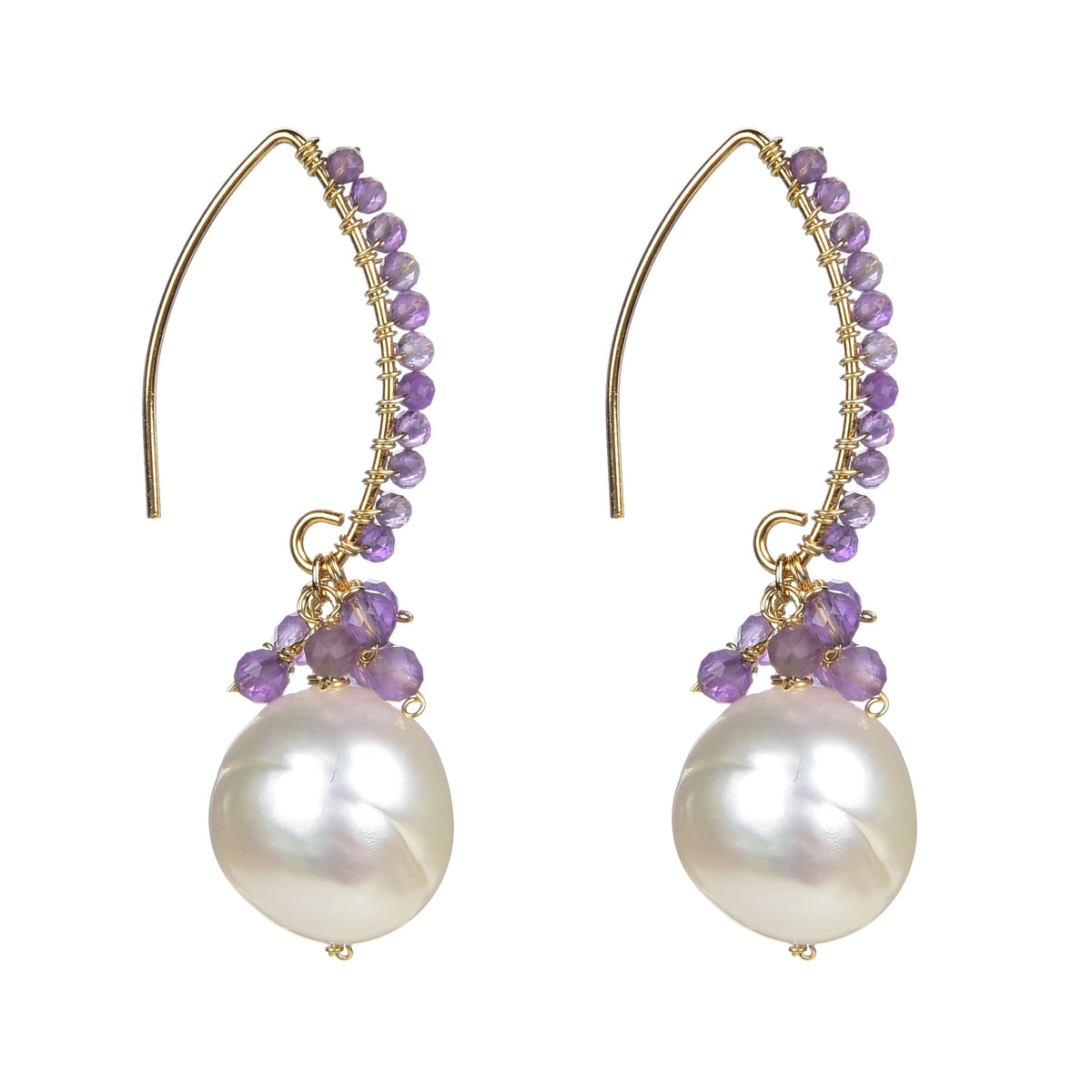18K Plated Sterling Silver Natural Amethyst and Freshwater Pearl Dangle Earring
