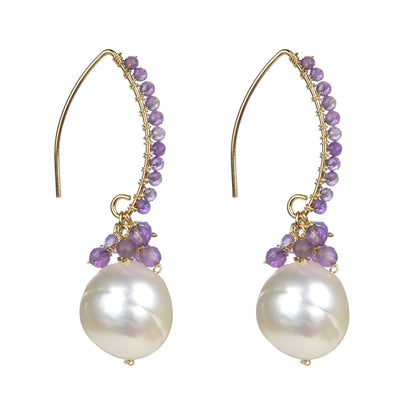 18K Plated Sterling Silver Natural Amethyst and Freshwater Pearl Dangle Earring