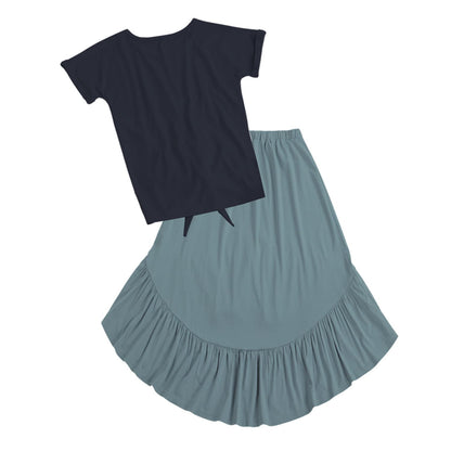 Dark Navy Rainbow Print Knot-Hem Tee & Dusty Turquoise Hi-Low Skirt
