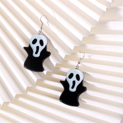 Black Acrylic & Silvertone Ghost Drop Earrings