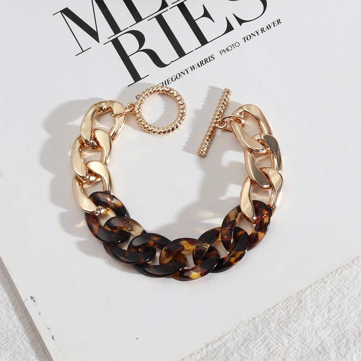 Amber Resin & Goldtone Curb Chain Toggle Bracelet