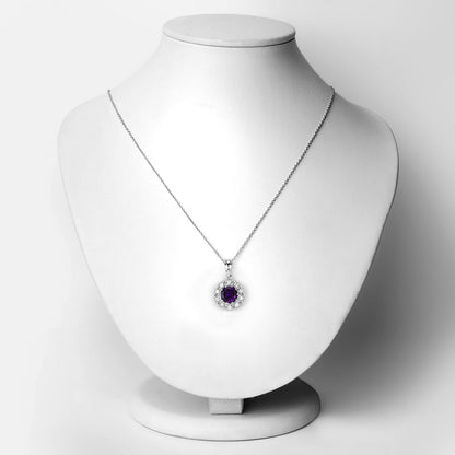 Genuine Amethyst and Lab Diamond Silver Halo Necklace