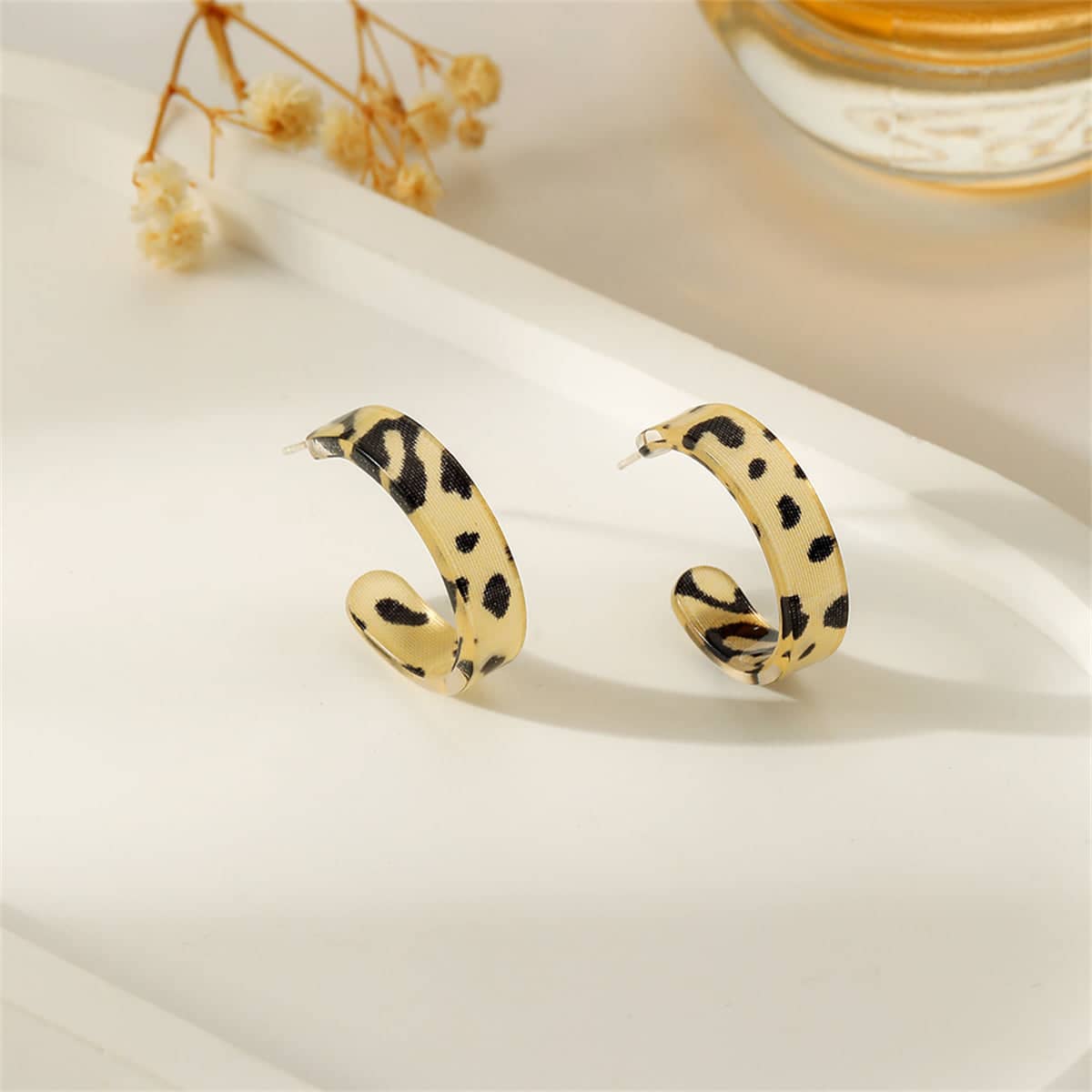 Beige & Black Acrylic Leopard Print Huggie Earrings