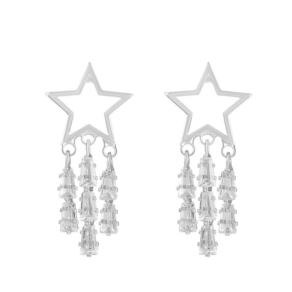 Crystal & Silvertone Open Star Tassel Drop Earrings