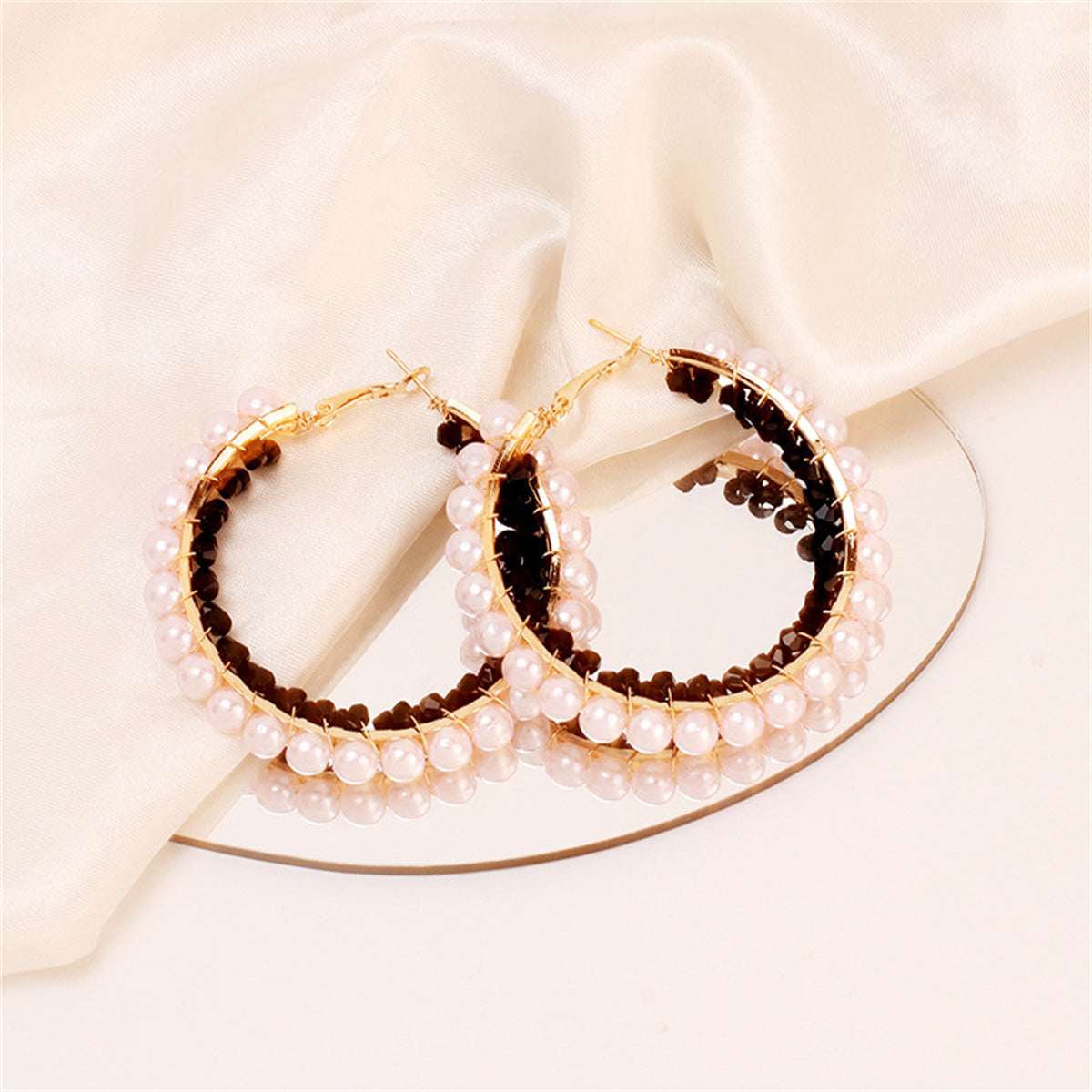 Black Acrylic & Pearl Goldtone Hoop Earrings