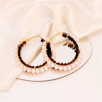 Black Acrylic & Pearl Goldtone Hoop Earrings