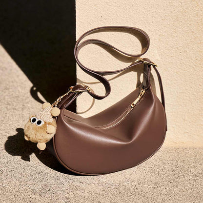 Crescent Leather Crossbody Shoulder Bag with Bear Charm
