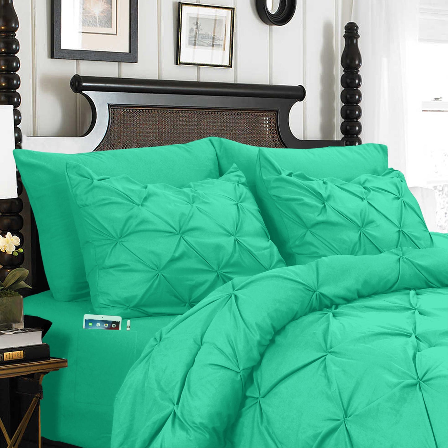 Elegant Comfort 8-Piece Pintuck Pinch Pleated Comforter Set - Includes 4-Piece Sheet Set with Double Sided Storage Pockets