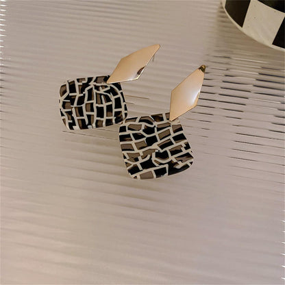 Black Acrylic & Goldtone Geometric Rhombus Drop Earrings
