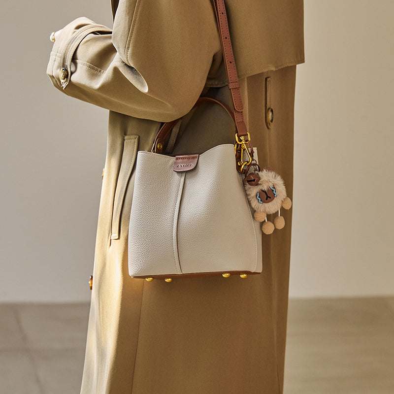 Colorblock Leather Bucket Shoulder Bag