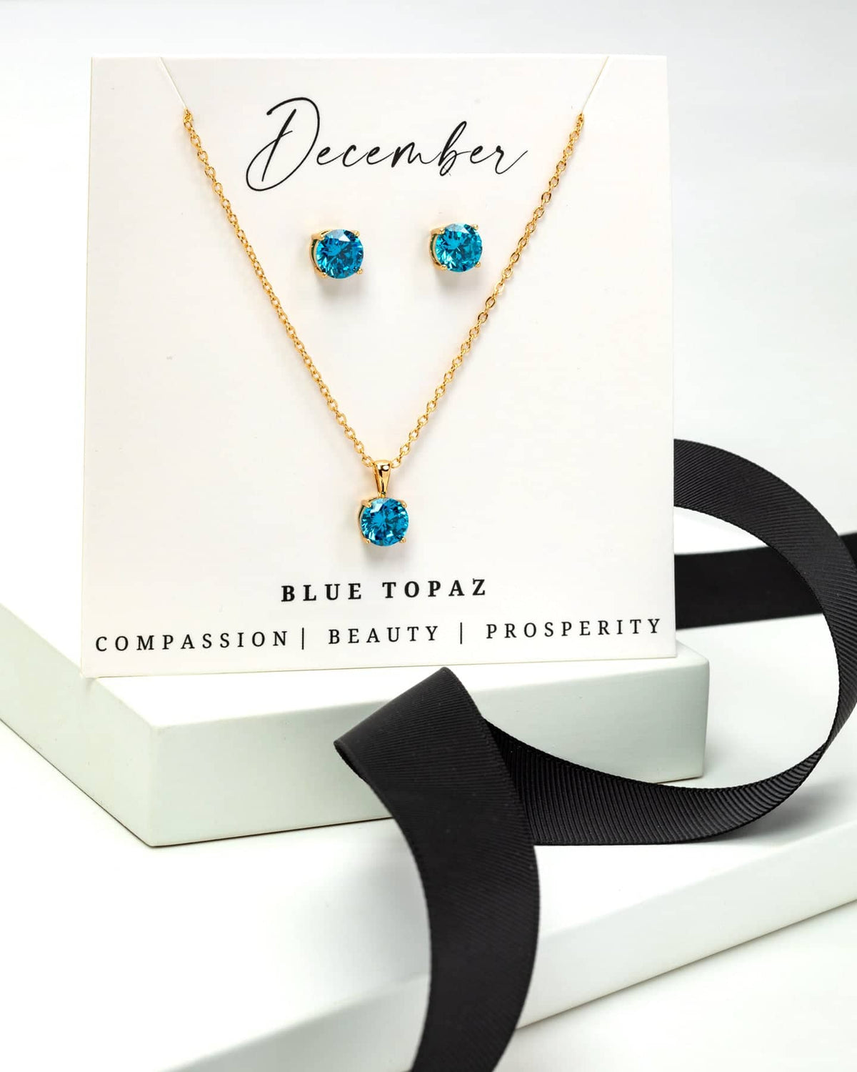 Gold Blue Topaz - December Swarovski Crystal Necklace Earrings – Cz Birthstone Stud Earring Circular Pendant Set