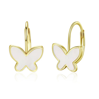 14k Yellow Gold Plated with Mother of Pearl Butterfly Inlay Dangle Drop Leverback Earrings