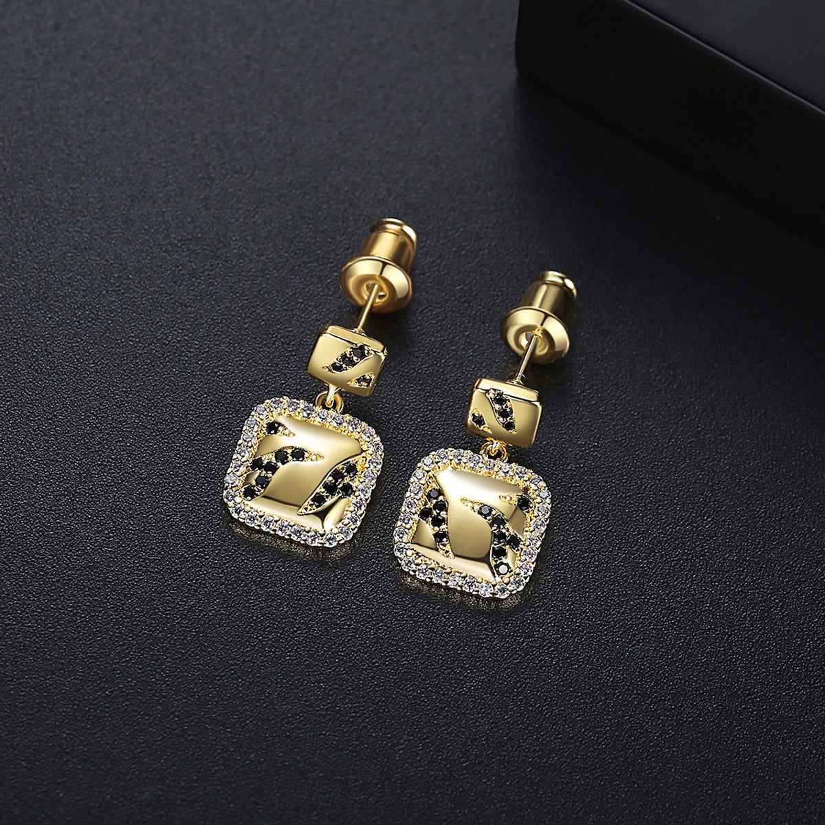 Black Cubic Zirconia & Goldtone Halo Square Drop Earrings
