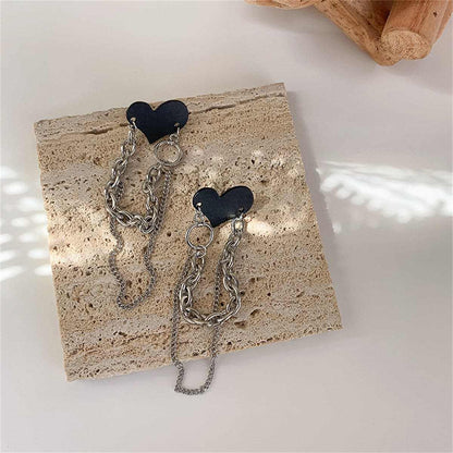 Black Acrylic & Silvertone Heart Chain Tassel Drop Earrings