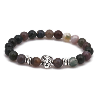 Agate & Silvertone Lion Beaded Stretch Bracelet