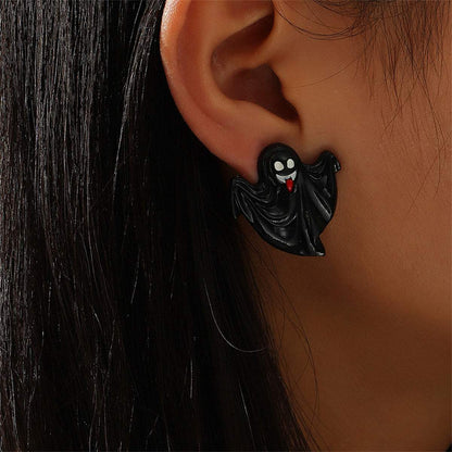 Black & Silvertone Ghost Stud Earrings