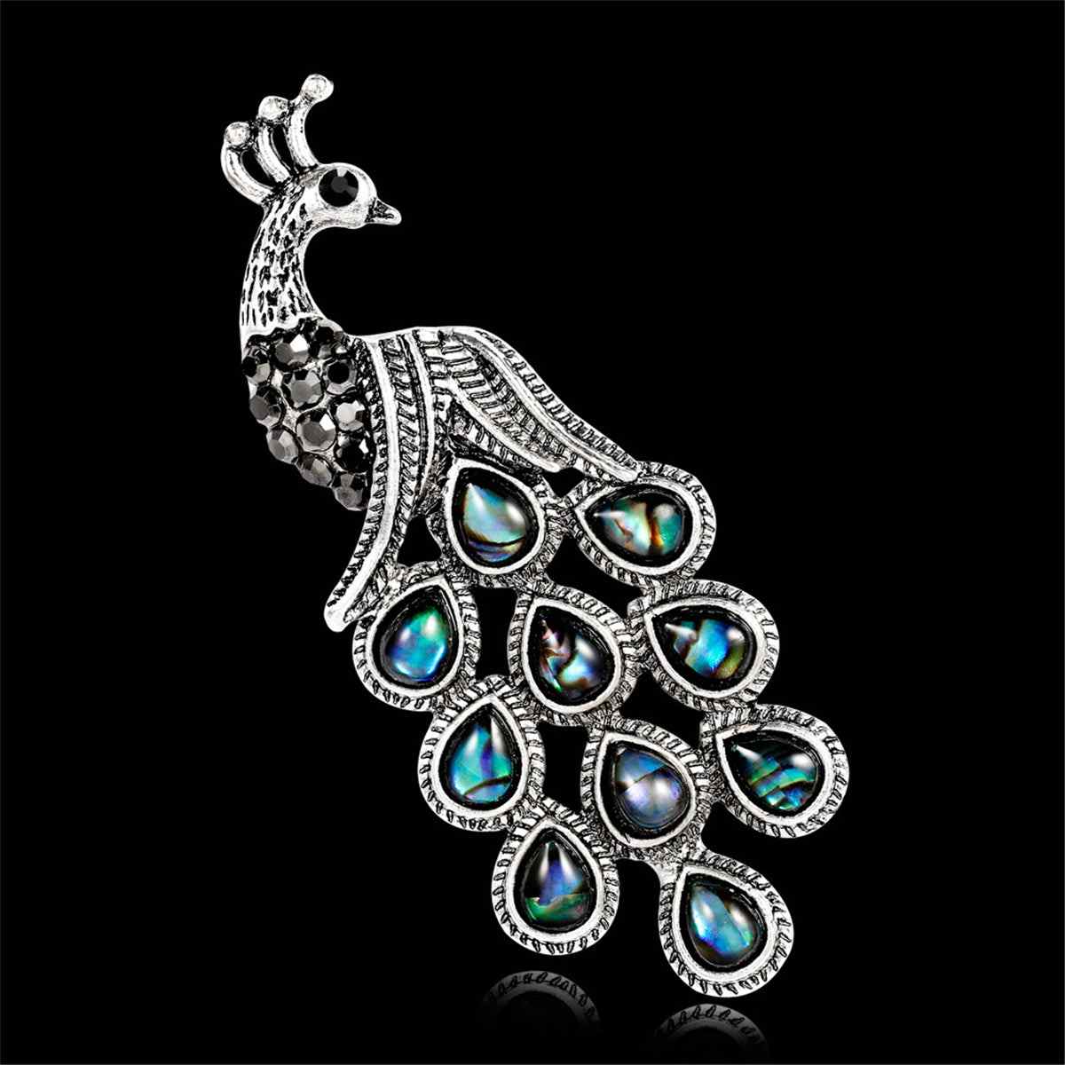 Abalone Shell & Cubic Zirconia Silvertone Peacock Brooch