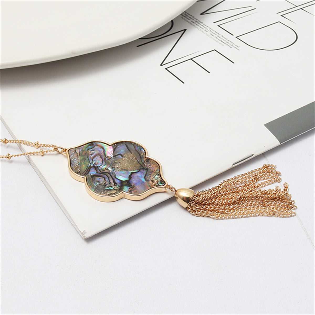 Abalone Shell & Goldtone Flower Tassel Pendant Necklace