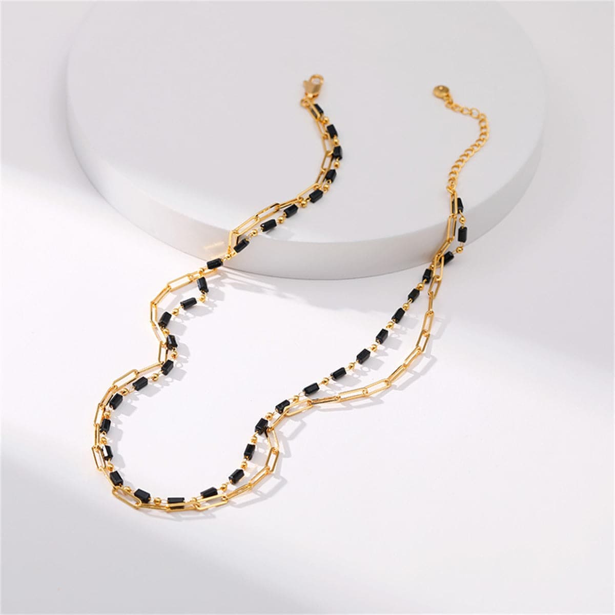 Black Acrylic & Goldtone Layered Chain Necklace