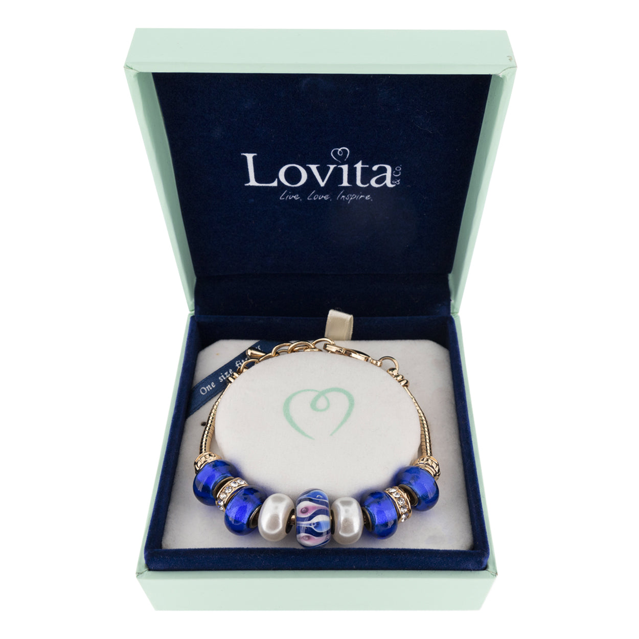 Lovita Charm Bracelet Gold Band Blue, Pink And White Teardrop