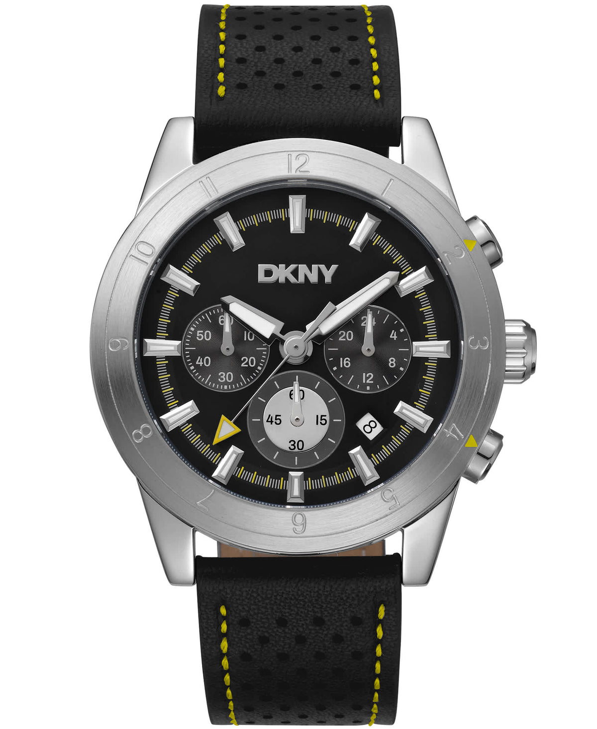 Dkny Men Watch, Silver Color Case, Black Dial, Black Leather Strap, Chronograph, 10 Atm