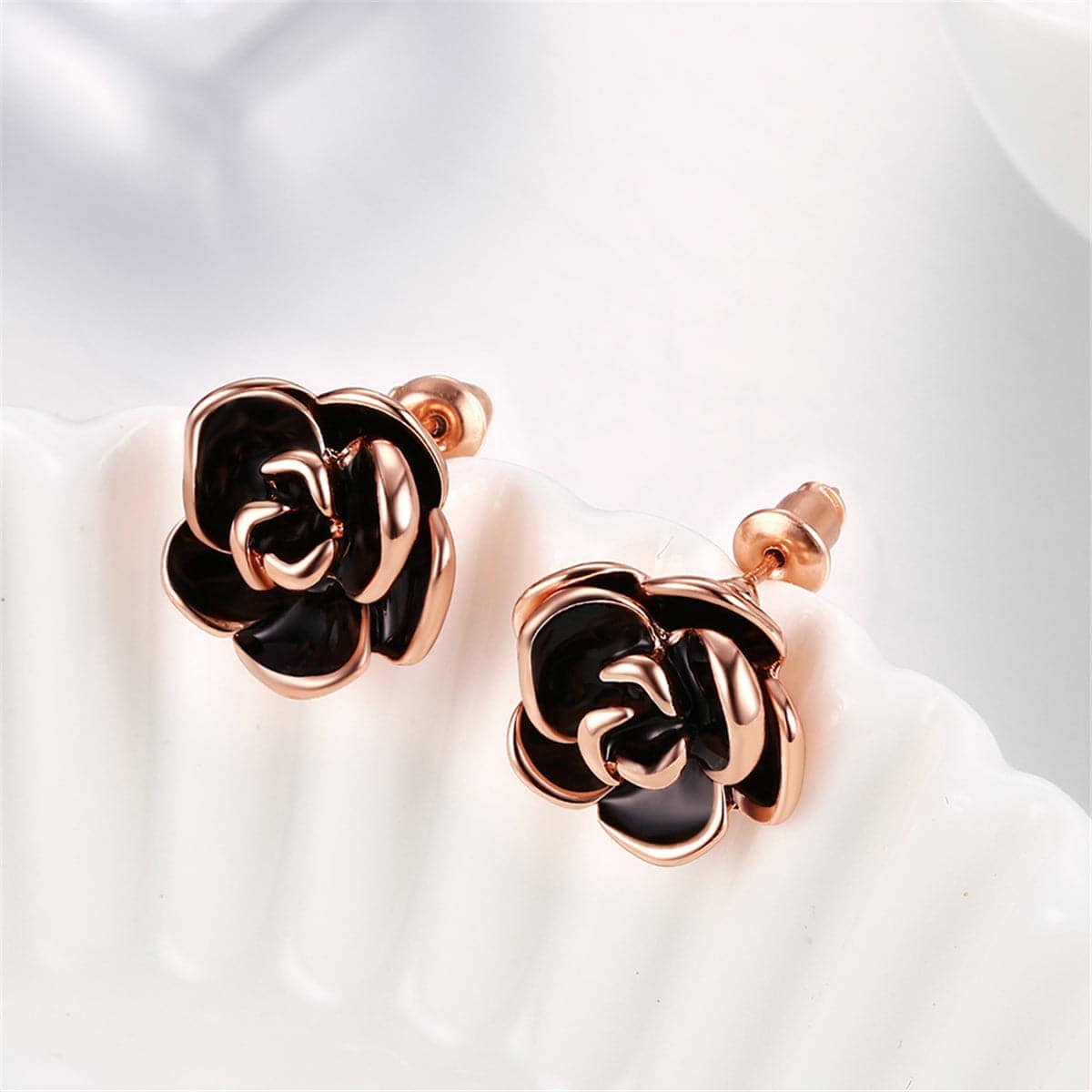 Black & Rose Goldtone Rose Stud Earrings