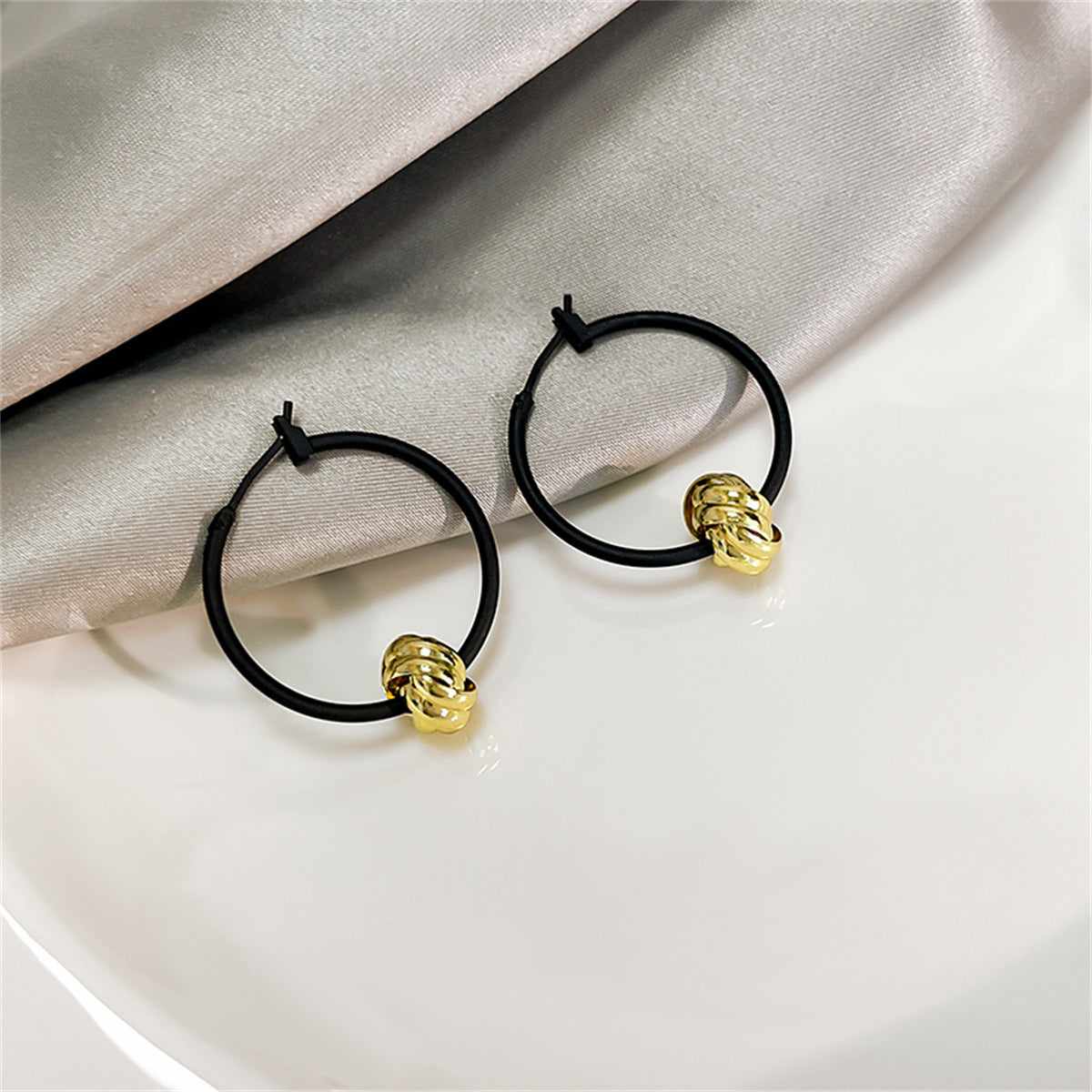 Black & Goldtone Ball Hoop Earrings