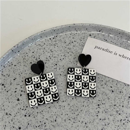 Black & White Heart Smiley Square Drop Earrings