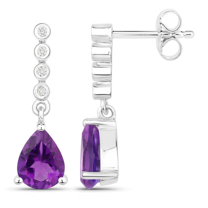 Genuine Purple Amethyst and Lab Diamond Silver Dangle Earrings