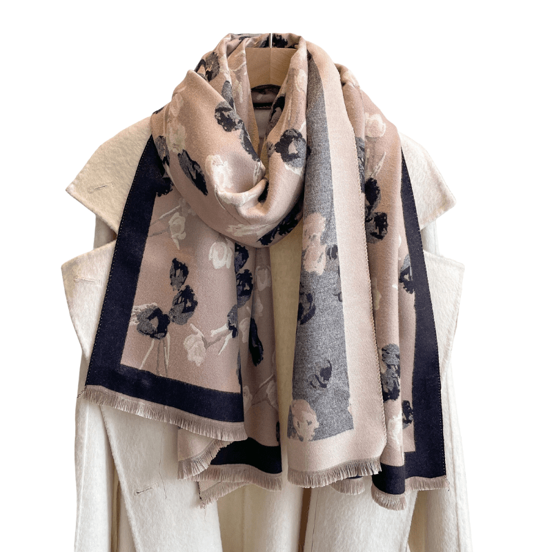 Beige & Black Elegant Floral Branch Fringe-Trimmed Scarf