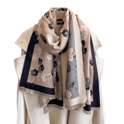 Beige & Black Elegant Floral Branch Fringe-Trimmed Scarf
