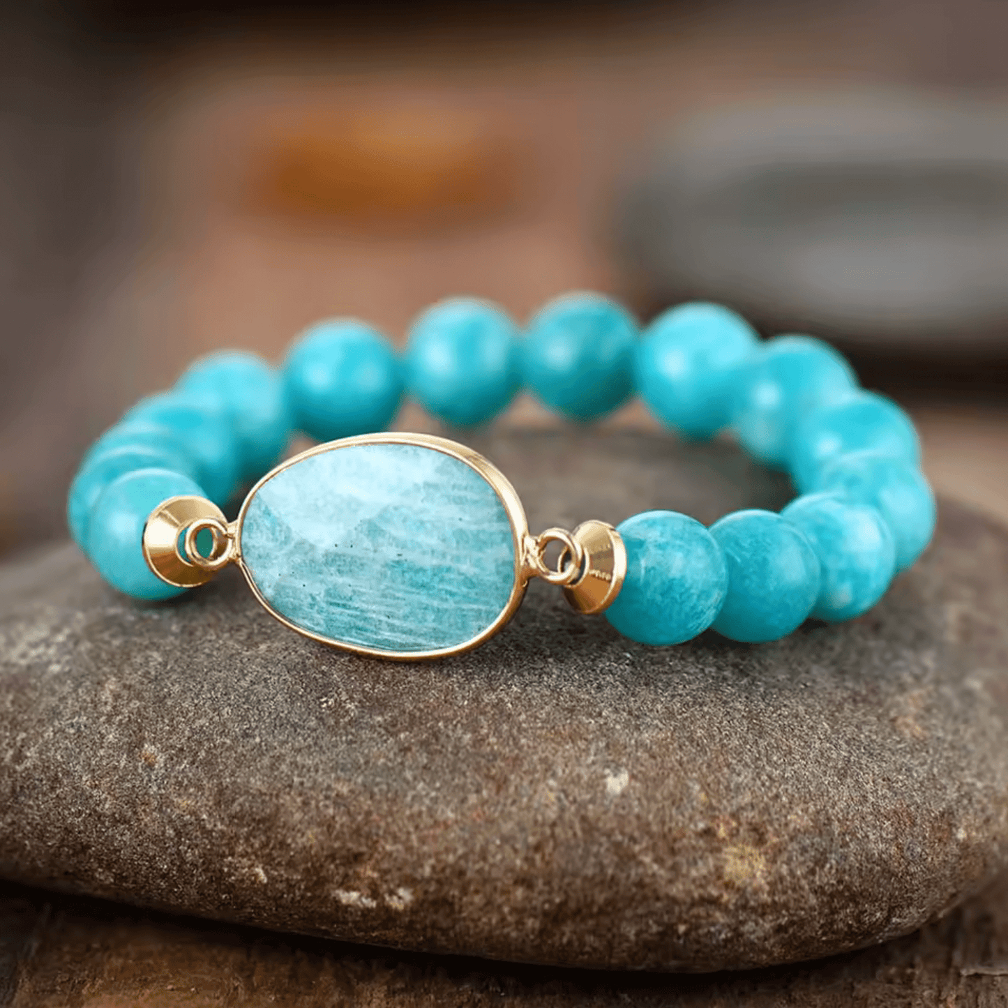 Amazonite Stone Goldtone Beaded Stretch Bracelet