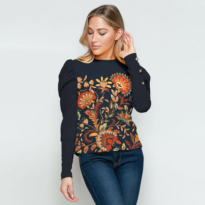 Dark Blue Floral Print Puff Sleeve Long Sleeve T-Shirt