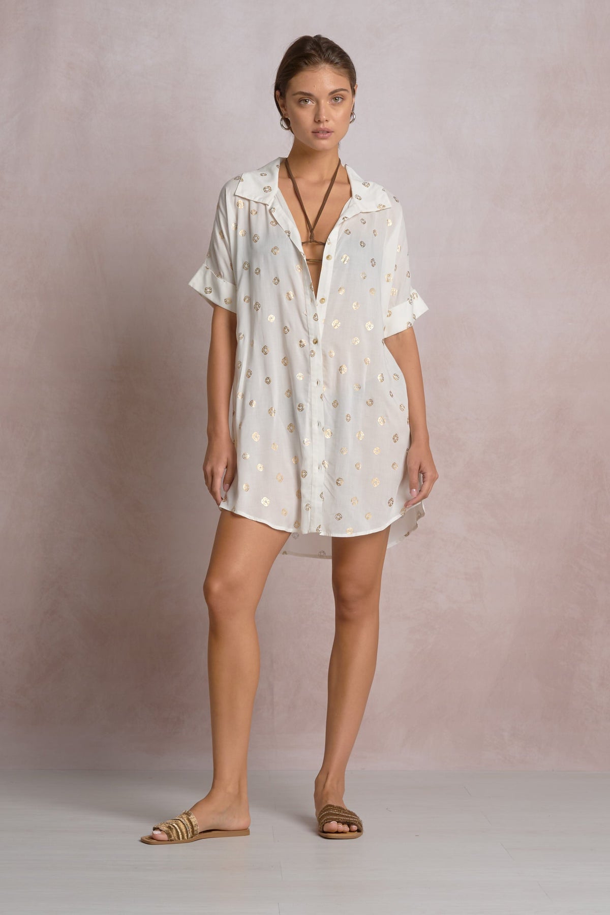 Elan Collared Button Down Coverup Shirt Dress -  White Polka Dot
