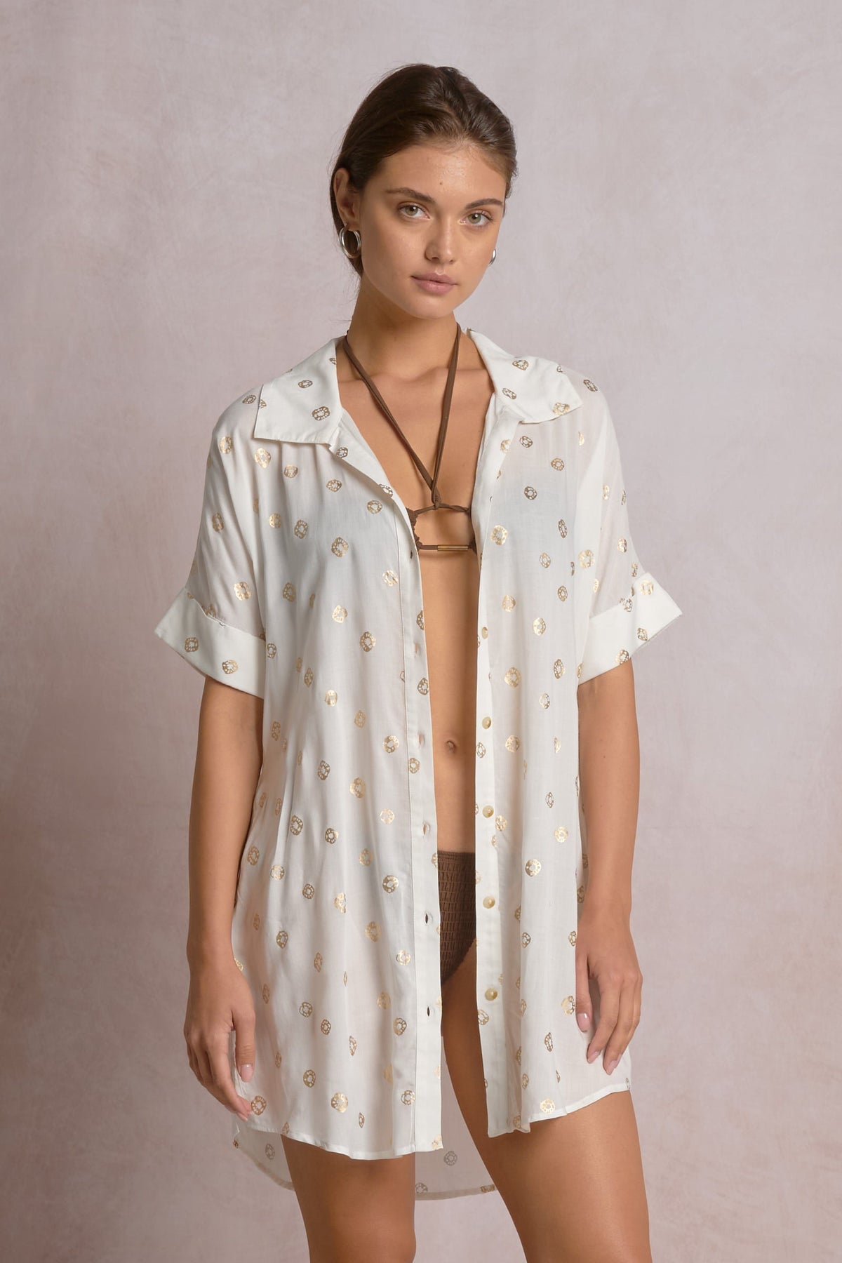 Elan Collared Button Down Coverup Shirt Dress -  White Polka Dot
