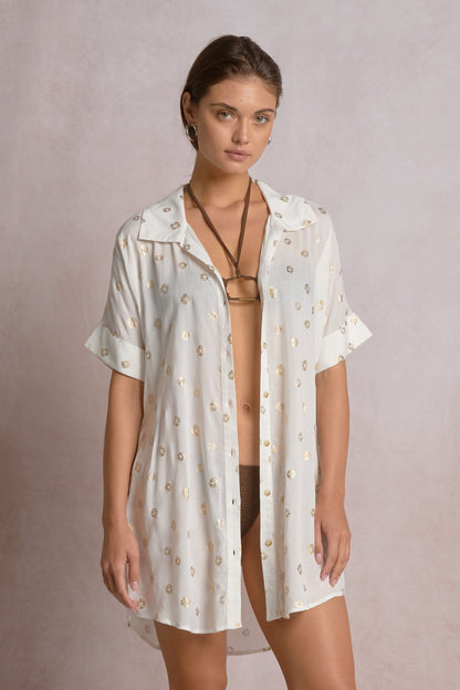 Elan Collared Button Down Coverup Shirt Dress -  White Polka Dot