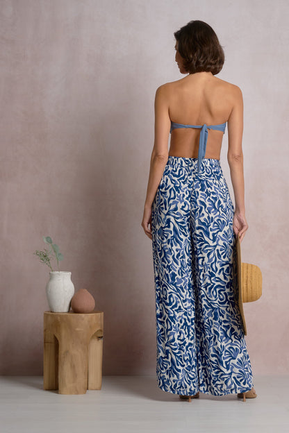Elan Printed Wide Leg Pant - Blue Coral
