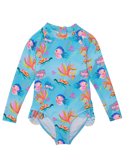 Snapper Rock Girls Sustainable Long Sleeve Surf Suit - Kaleido Fish - FINAL SALE
