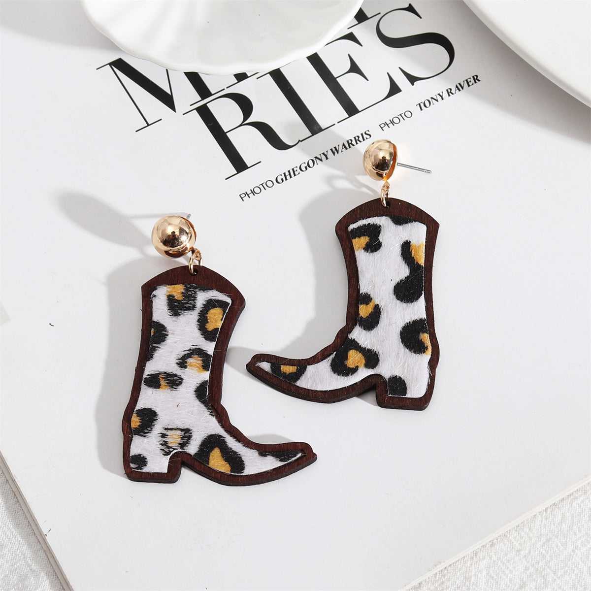 Black & Wood Leopard-Print Cowboy Boot Drop Earrings