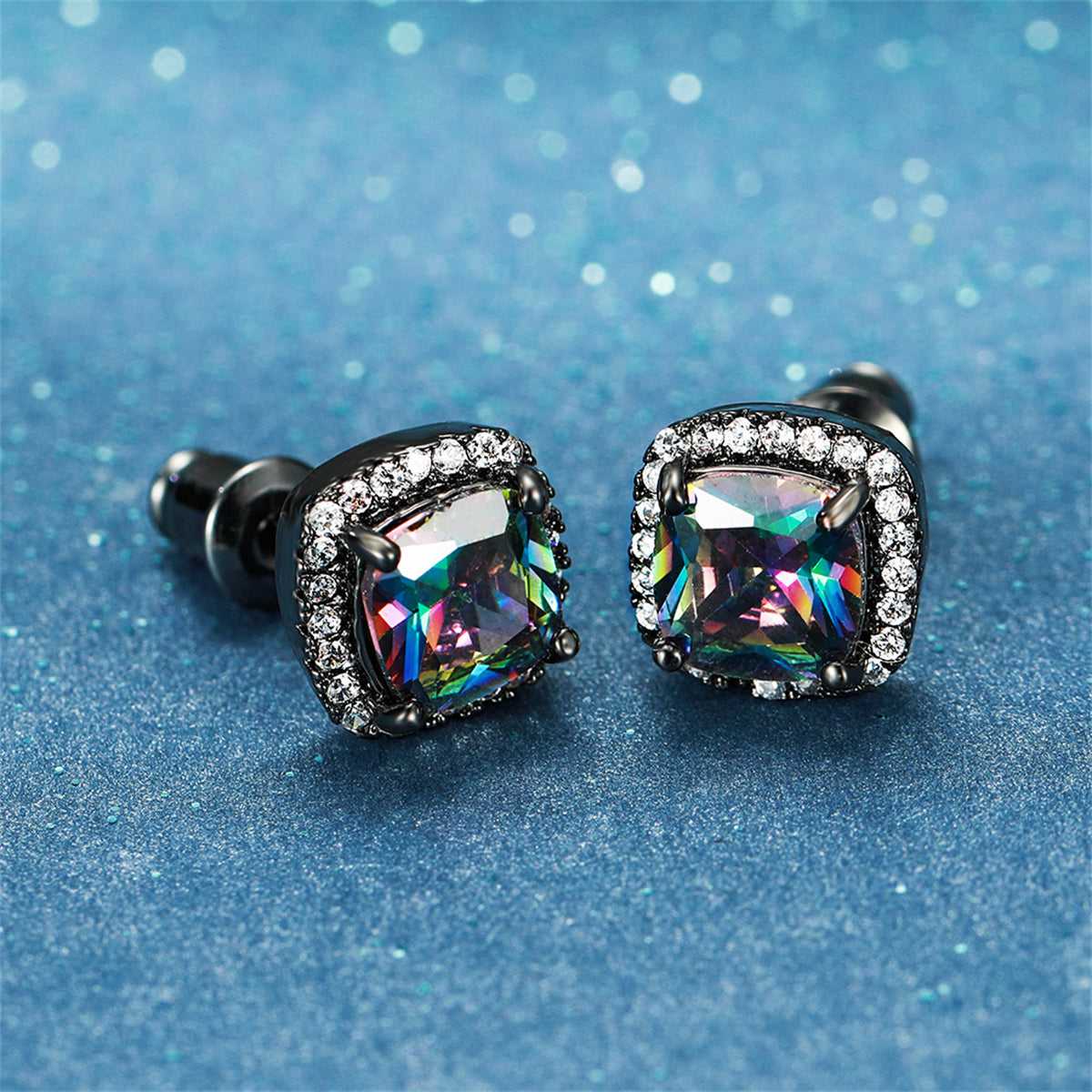 Colored Princess Crystal & Blacktone Halo Stud Earrings