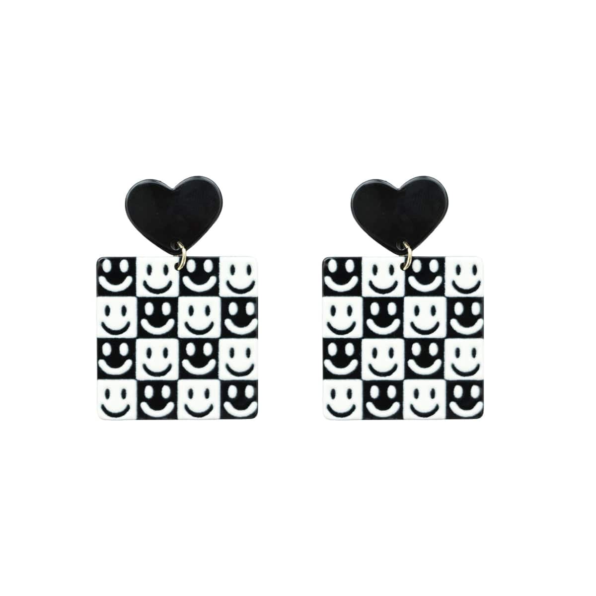 Black & White Heart Smiley Square Drop Earrings