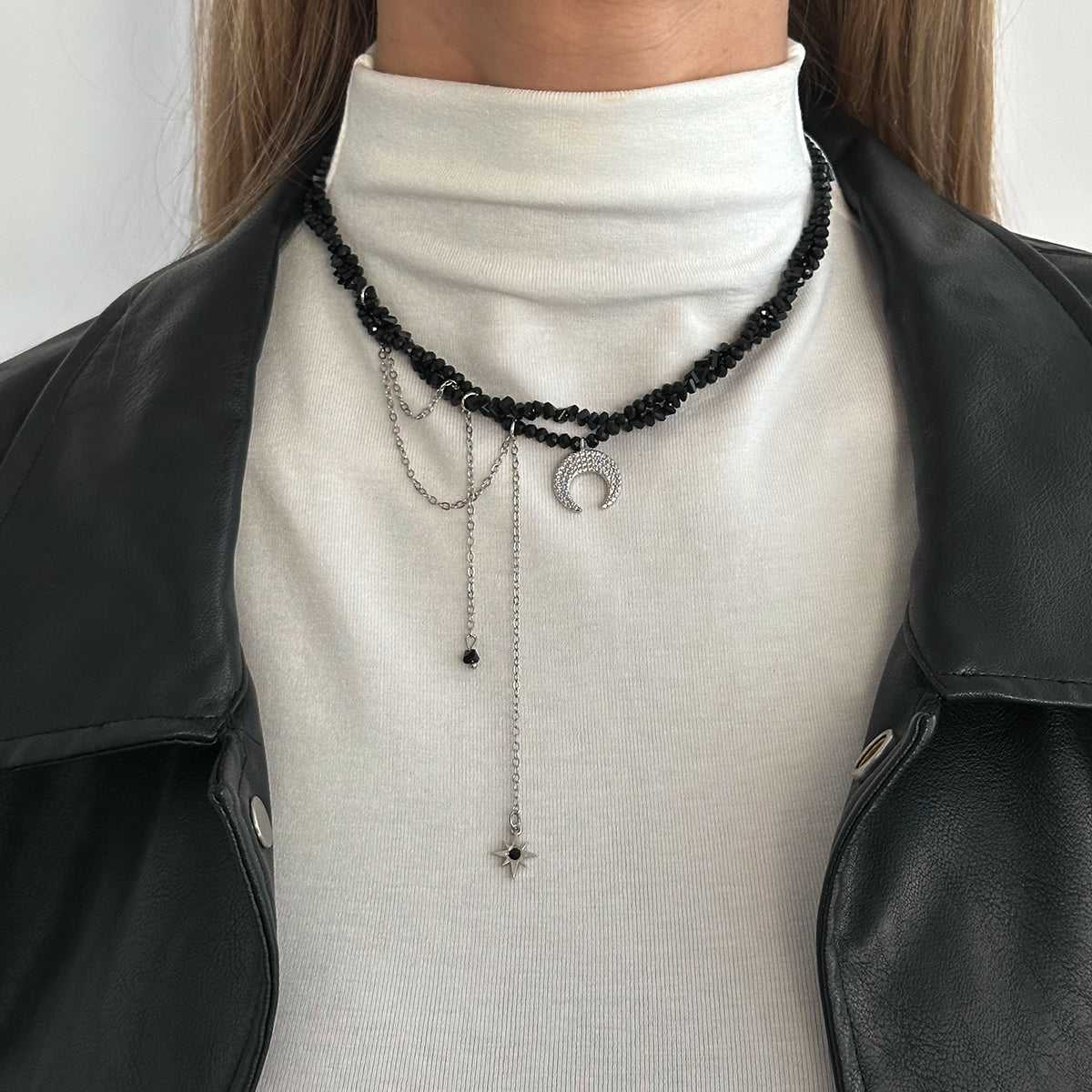 Black Acrylic & Silvertone Hammered Moon Pendant Tassel Necklace