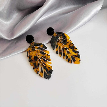 Black Acrylic & Goldtone Speckled Leaf Drop Earrings
