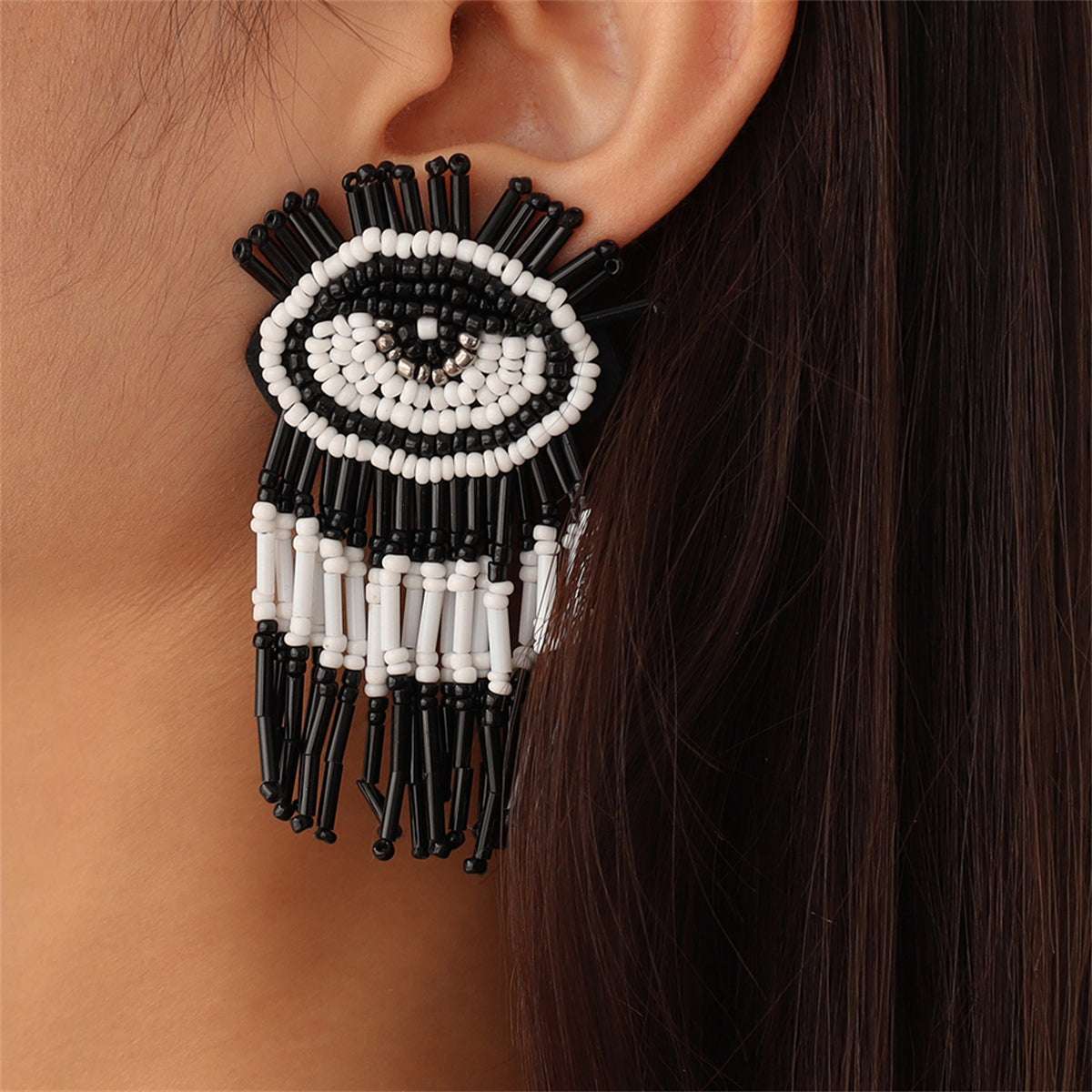 Black & White Howlite Eye Tassel Drop Earrings