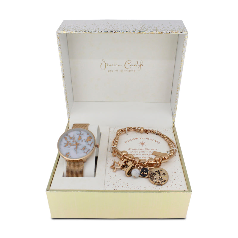Jessica Carlyle Rose Gold Mesh Watch And Bracelet Set "Follow Your Stars" 6874