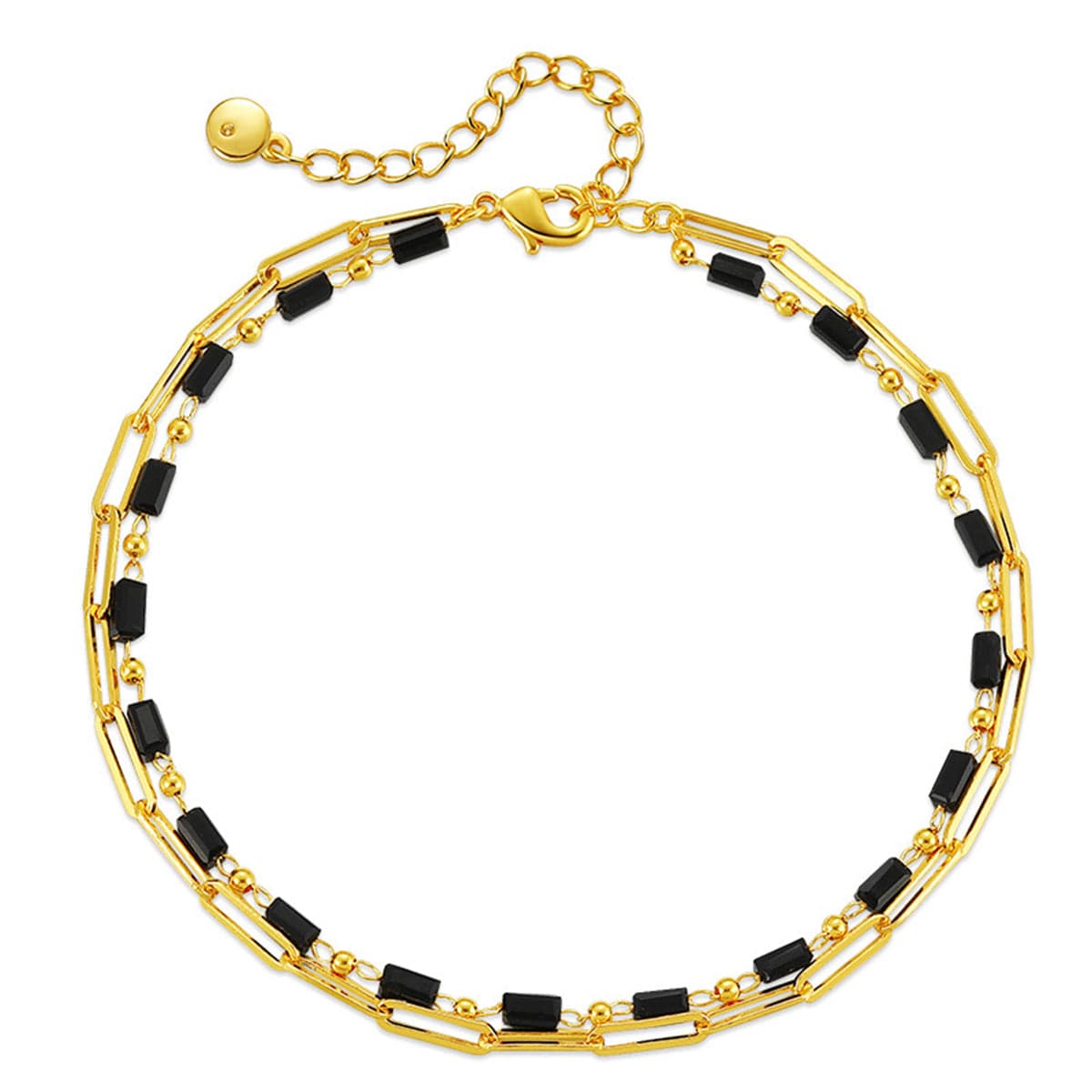 Black Acrylic & Goldtone Bead Chain Layered Anklet