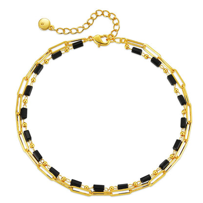 Black Acrylic & Goldtone Bead Chain Layered Anklet