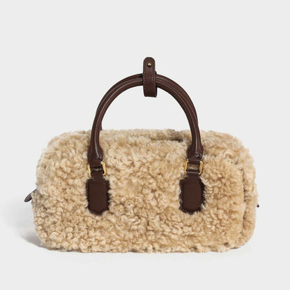 Beige Sherpa Fur Trimmed Elongated Top Handle Bag