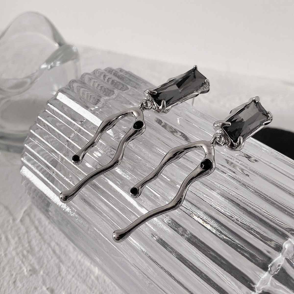 Black Crystal & Silvertone Branch Drop Earrings