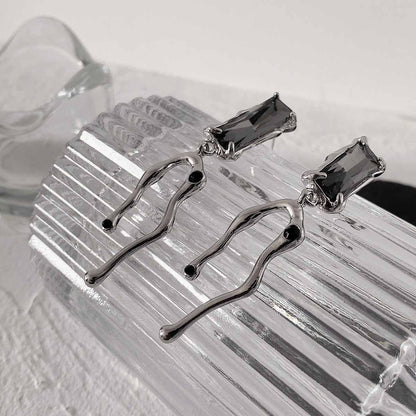 Black Crystal & Silvertone Branch Drop Earrings